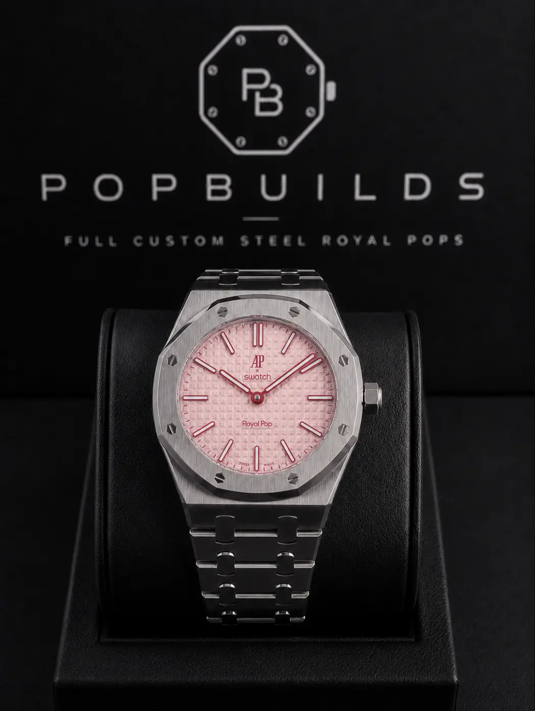 Otto Rosso full mod watch with a soft pink aftermarket dial in a stainless-steel octagonal case