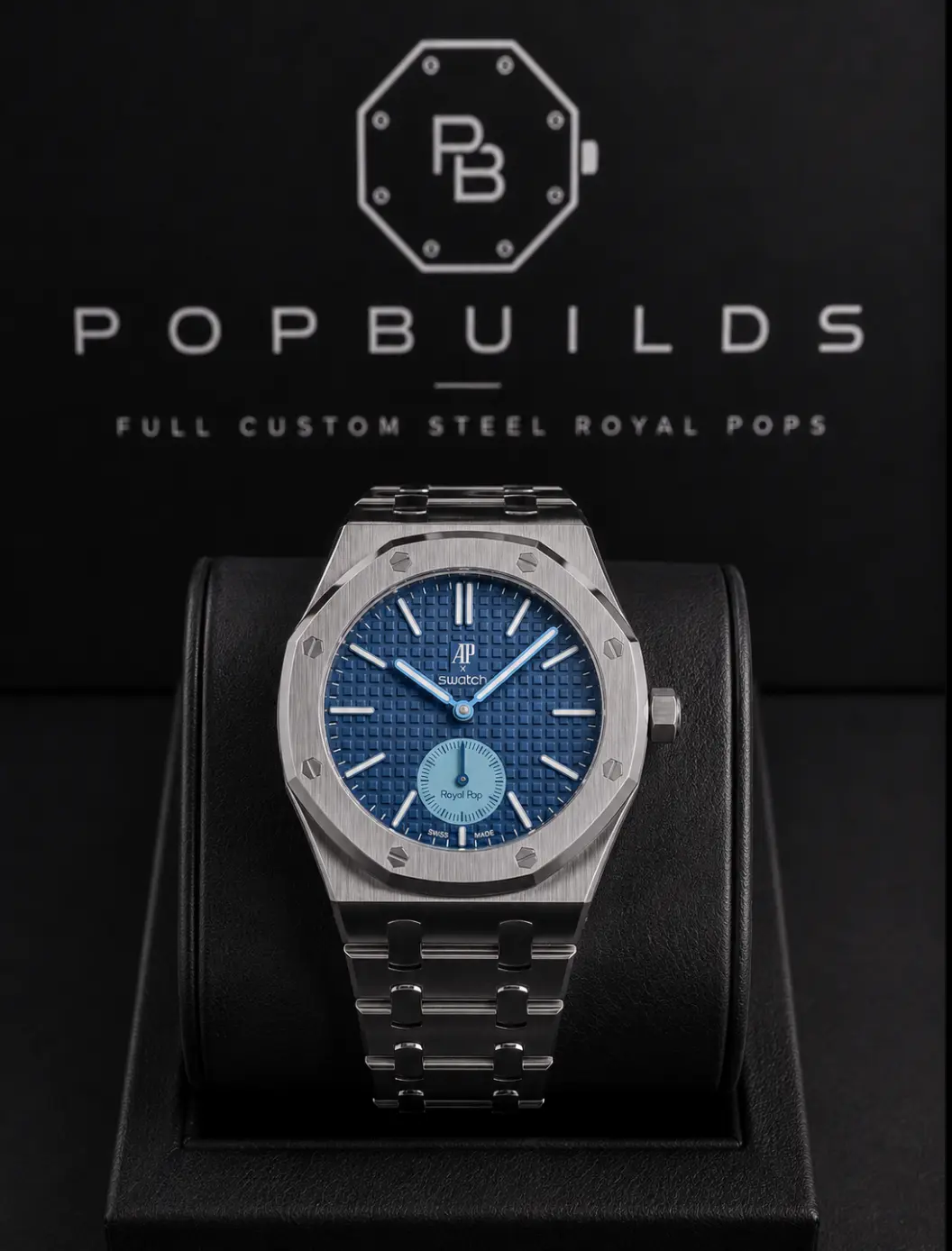 Lan Ba full mod watch with a deep blue aftermarket dial and sub-seconds in a stainless-steel case