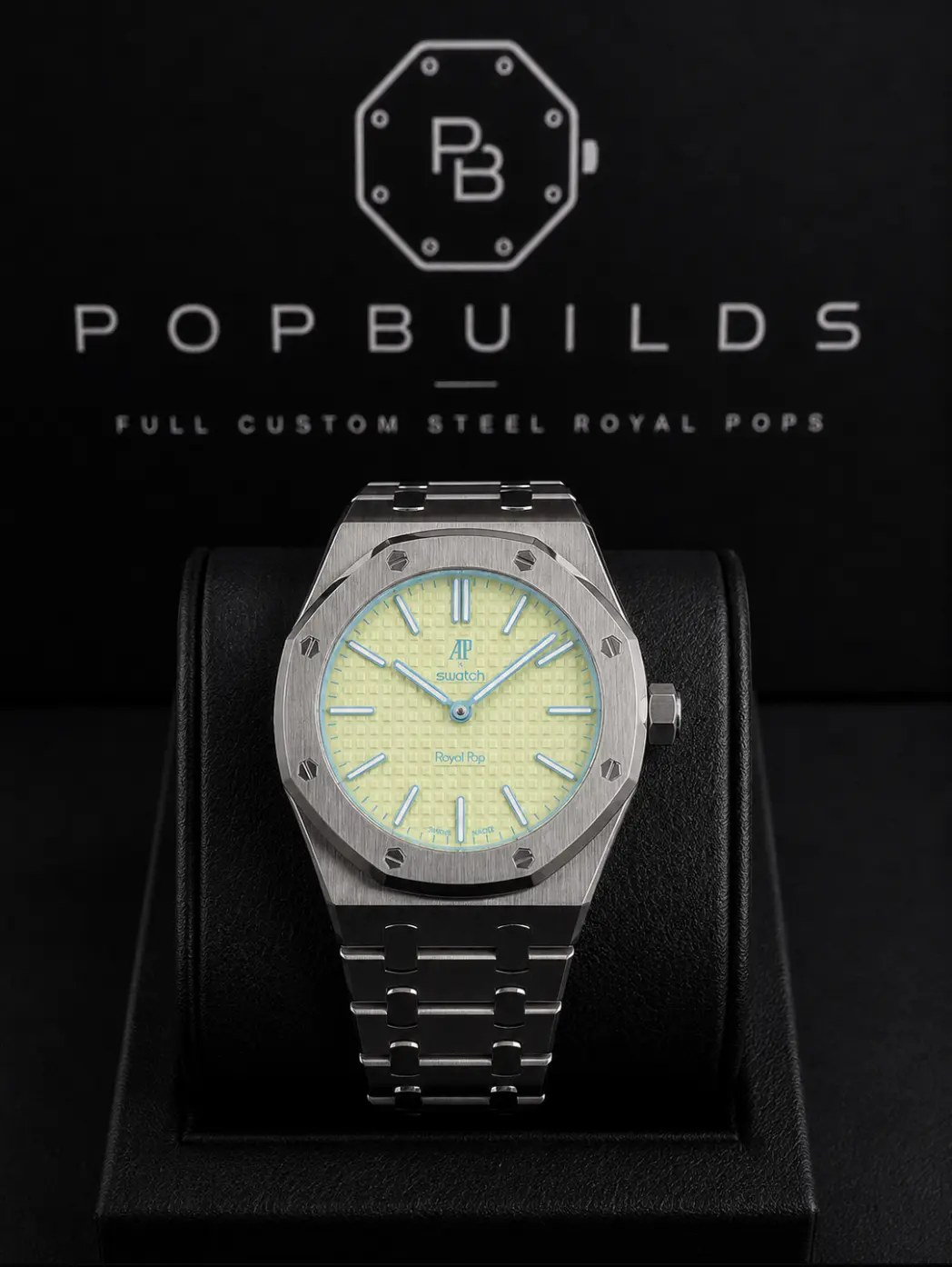 Blaue Acht full mod watch with a pale lime aftermarket dial in a stainless-steel octagonal case